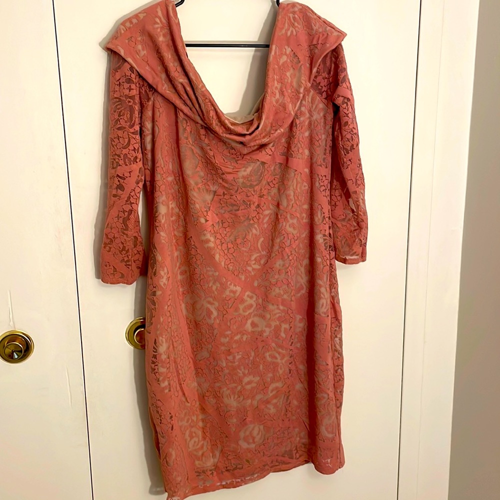 2x bold element off the shoulder dress with a sheer lining and a nude slip.